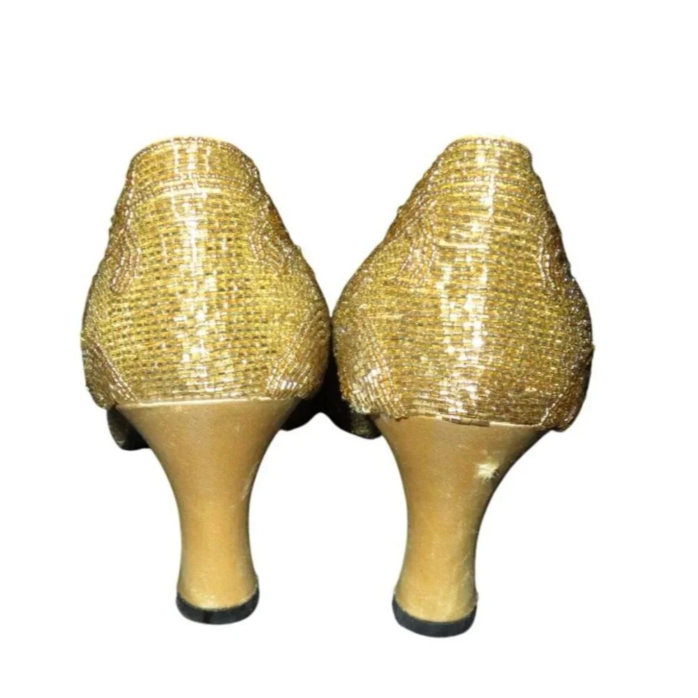 Valerie Stevens Veronica Gold Beaded Leather Kitten Heel Closed Toe Pumps